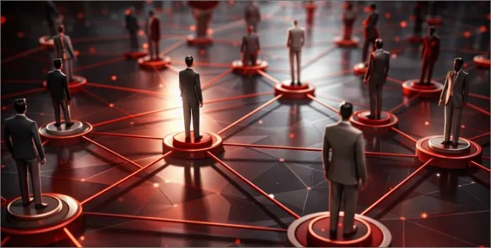 People standing on connected platforms in a network