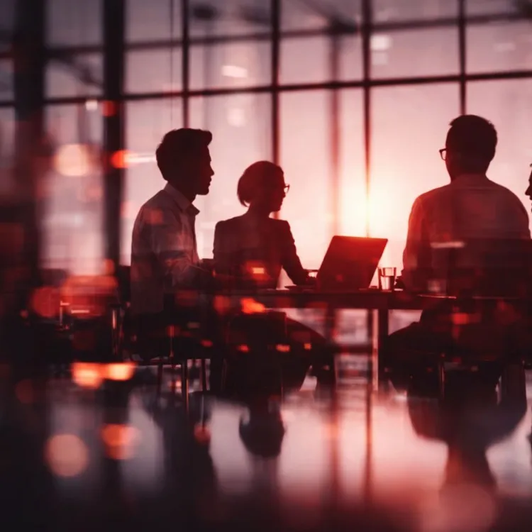 A team meeting in a boardroom at dusk